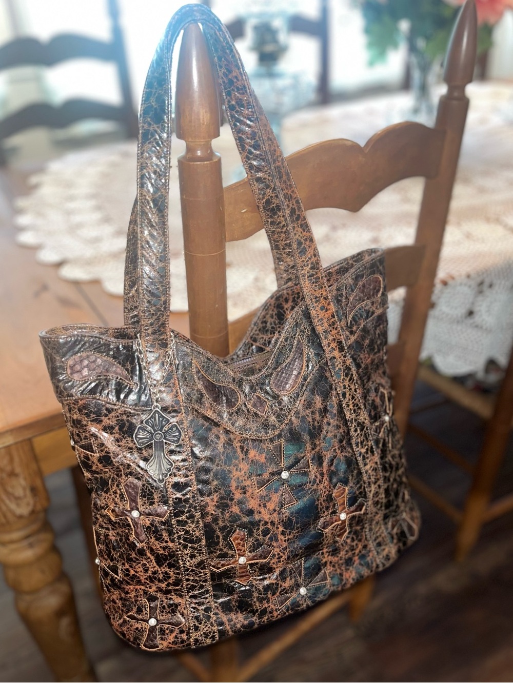 Corral Women’s Distressed Brown Leather Tote Bag with Cross Accent